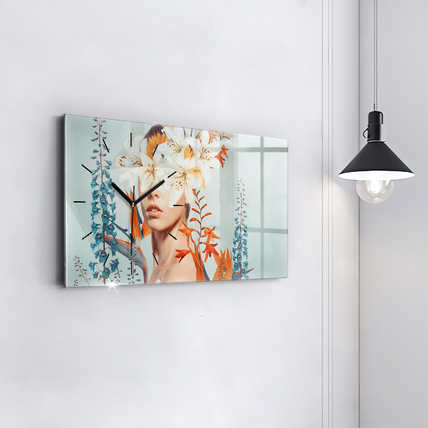 Horizontálne hodiny Žena s kvetmi