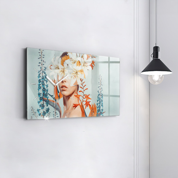 Horizontálne hodiny Žena s kvetmi