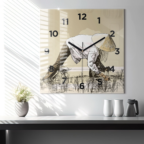 Štvorcové hodiny Žena zbiera ryžu