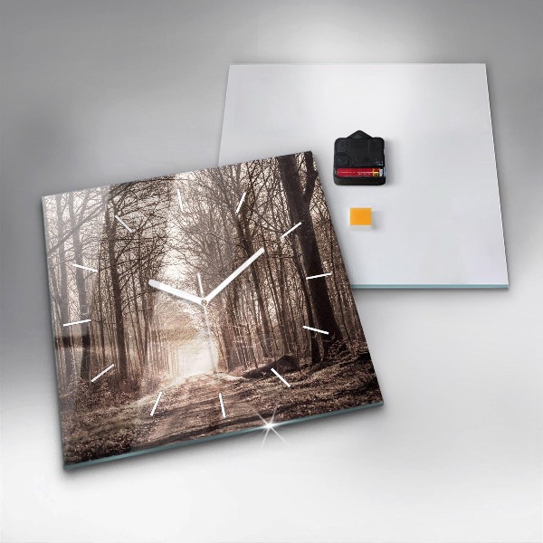 Štvorcové hodiny Lesná cesta v sépiovej farbe