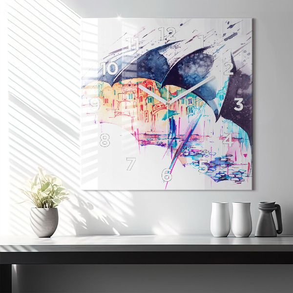 Štvorcové hodiny Dáždnik a mesto