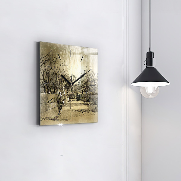 Štvorcové hodiny Park a stromy v sépiovej farbe