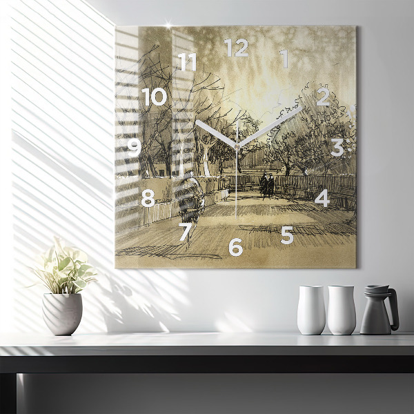 Štvorcové hodiny Park a stromy v sépiovej farbe