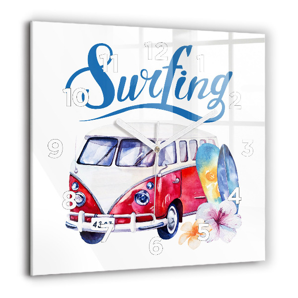 Štvorcové hodiny Auto a nápis Surfing