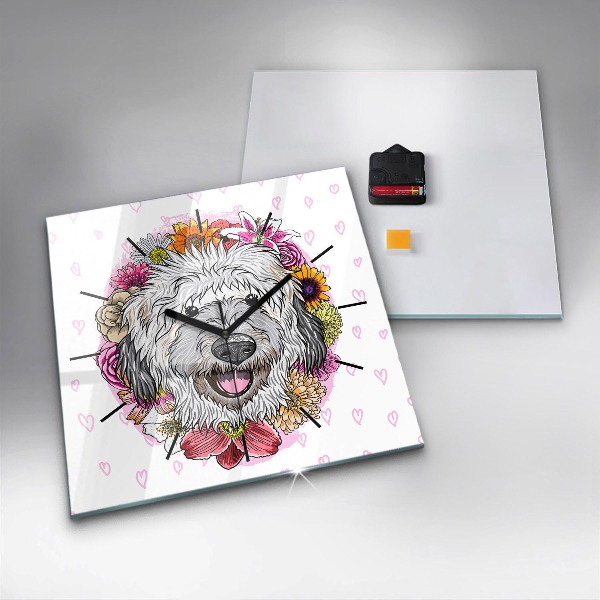 Štvorcové hodiny Šťastný pes v kvetoch