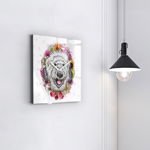 Štvorcové hodiny Šťastný pes v kvetoch