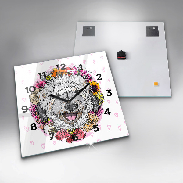 Štvorcové hodiny Šťastný pes v kvetoch