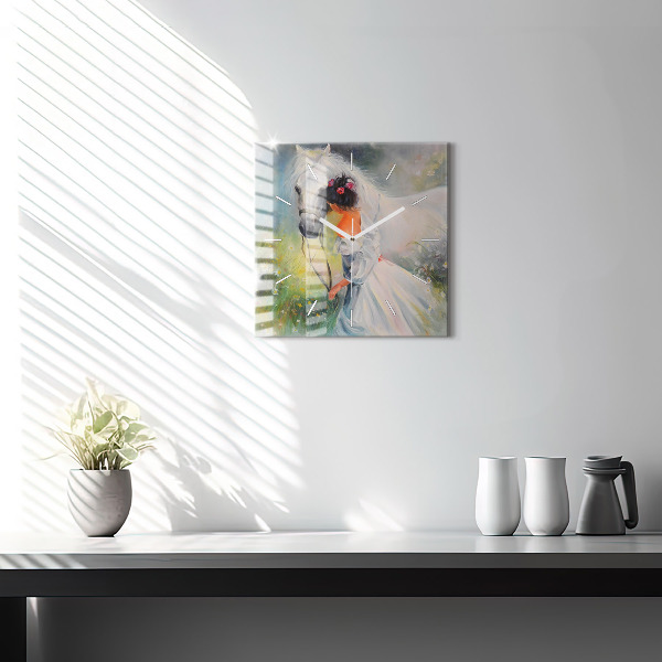 Štvorcové hodiny Krásna žena s koňom