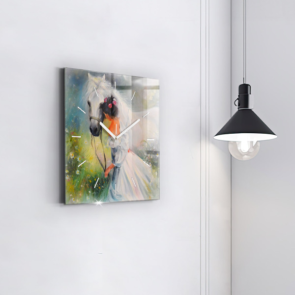 Štvorcové hodiny Krásna žena s koňom