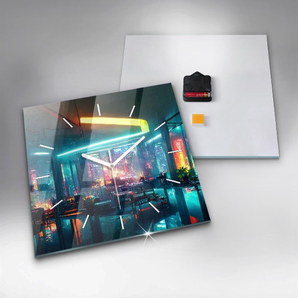 Štvorcové hodiny Mesto v kyberpunkovom štýle