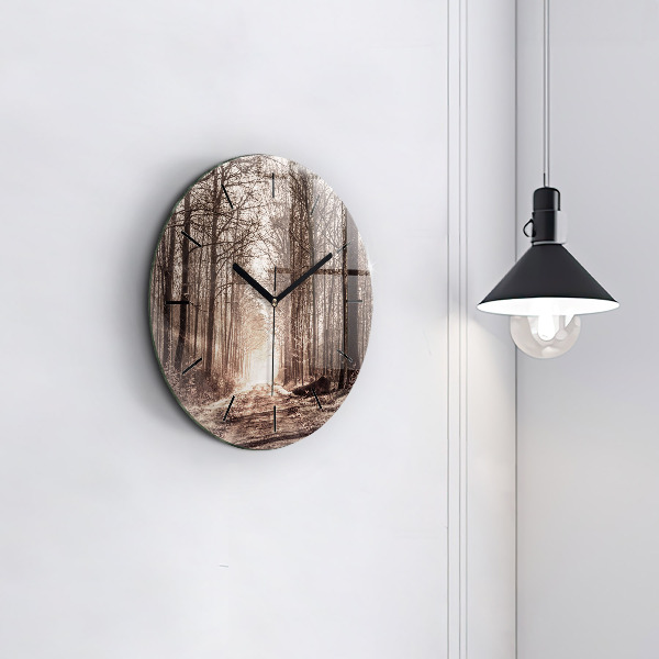 Okrúhle hodiny Lesná cesta v sépiovej farbe