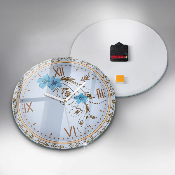 Okrúhle sklenené hodiny Modré kvety